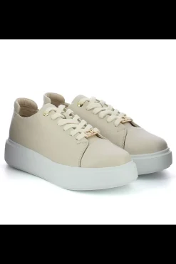Damskie Carinii Skórzane Sneakersy Damskie | Beżowe Sneakersy Damskie*Beżowe sneakersy na białej platformie --B9970-491-000-000-000