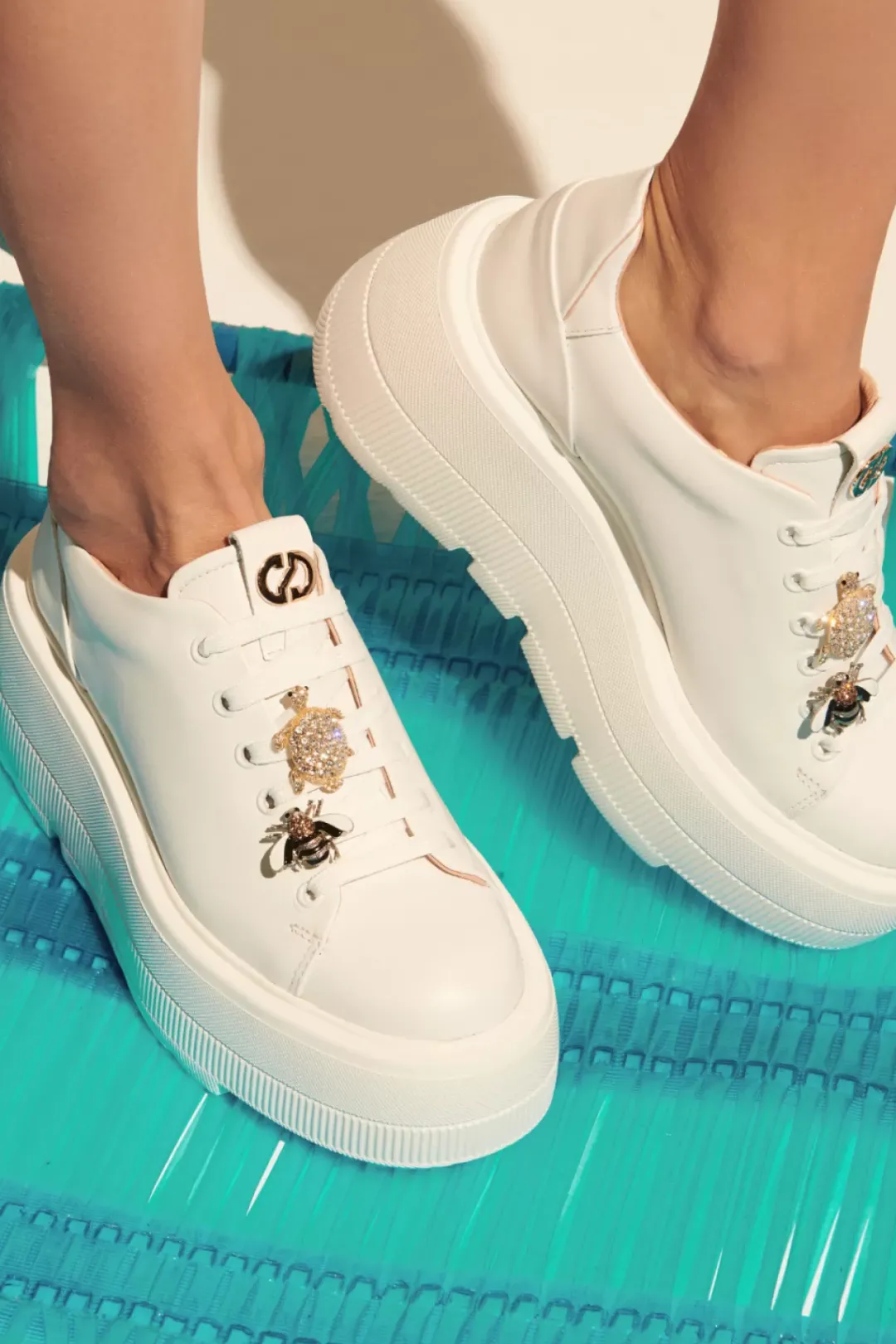 Damskie Carinii Skórzane Sneakersy Damskie | Na Platformie*Białe sneakersy na platformie --B9589-L46-000-000-G36