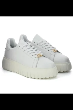 Damskie Carinii Skórzane Sneakersy Damskie | Białe Sneakersy Damskie*Białe sneakersy z blaszką --B10224-L46-000-000-000