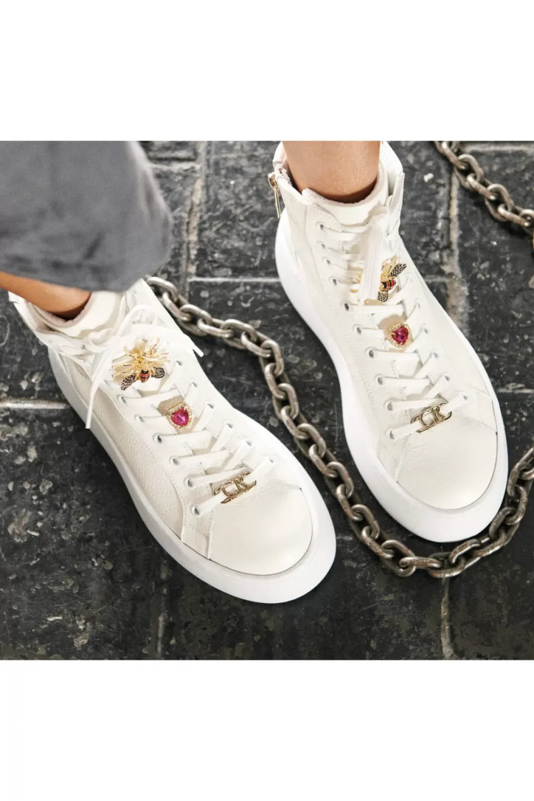 Damskie Carinii Skórzane Sneakersy Damskie | Na Platformie*Białe wysokie sneakersy --B9180-I81-000-000-G23