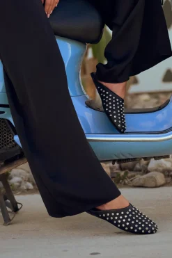 Damskie Carinii Skórzane Klapki Damskie | Eleganckie*Czarne klapki mule z kryształami --B9962-353-000-000-000