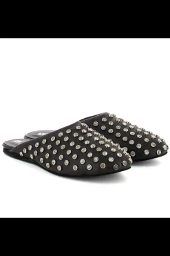 Damskie Carinii Skórzane Klapki Damskie | Eleganckie*Czarne klapki mule z kryształami --B9962-353-000-000-000