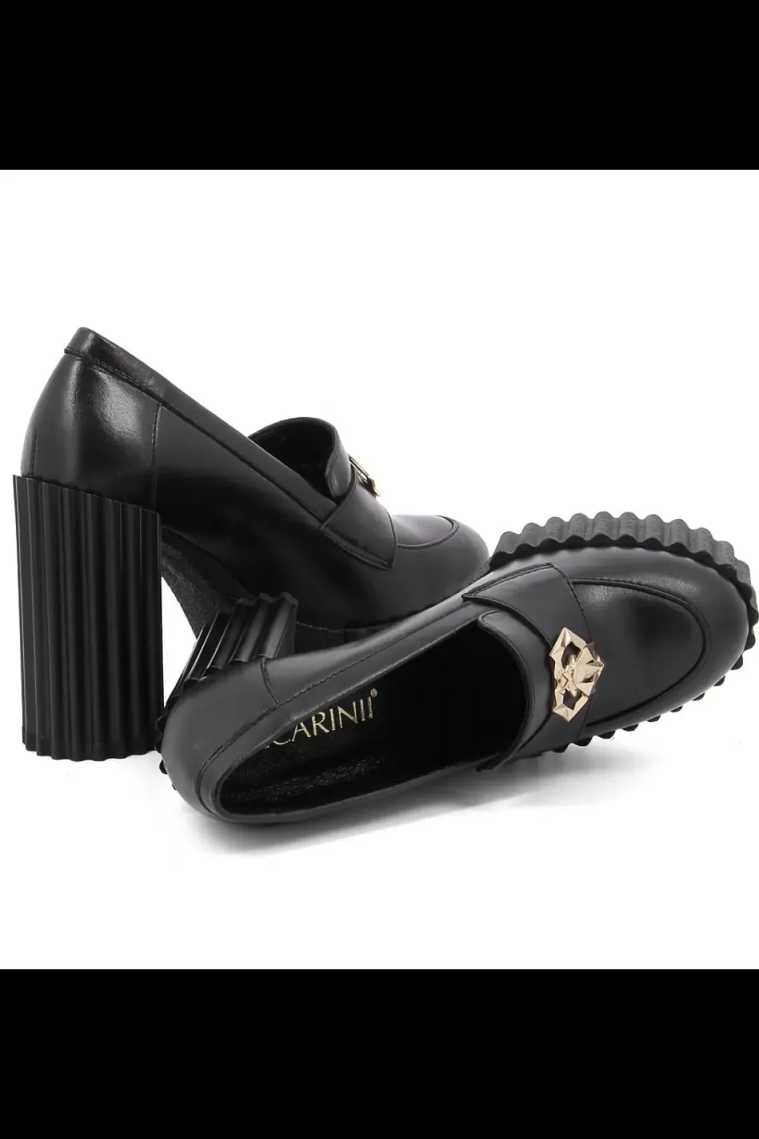 Damskie Carinii Czarne Półbuty Damskie | Eleganckie*Czarne mokasyny na słupku --B9244-E50-000-000-F10