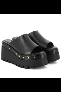 Damskie Carinii Skórzane Klapki Damskie | Eleganckie*Czarne skórzane klapki na koturnie --B9564-E50-000-000-G06