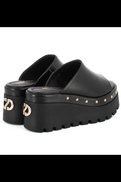 Damskie Carinii Skórzane Klapki Damskie | Eleganckie*Czarne skórzane klapki na koturnie --B9564-E50-000-000-G06