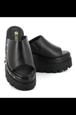 Damskie Carinii Skórzane Klapki Damskie | Eleganckie*Czarne skórzane klapki na koturnie --B9564-E50-000-000-G06