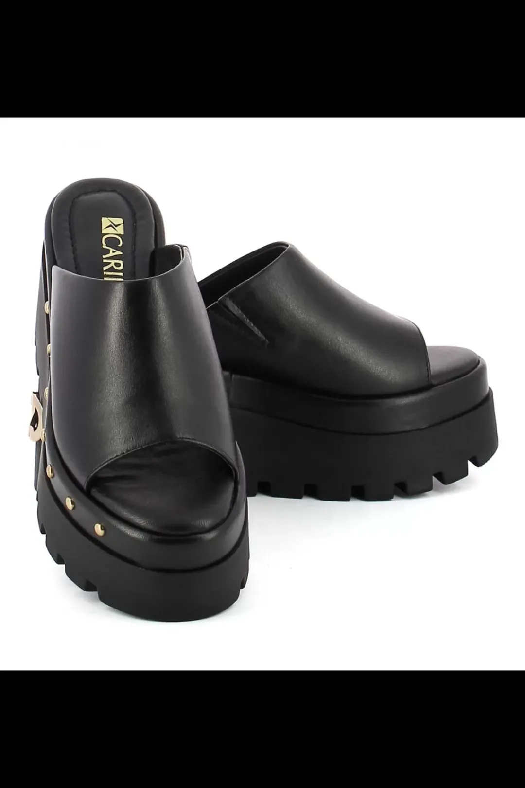 Damskie Carinii Skórzane Klapki Damskie | Eleganckie*Czarne skórzane klapki na koturnie --B9564-E50-000-000-G06