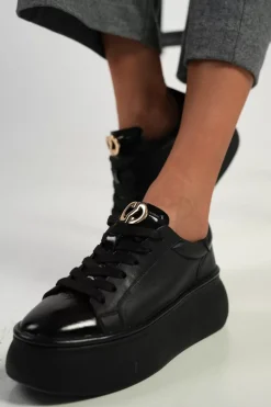 Damskie Carinii Skórzane Sneakersy Damskie | Czarne Sneakersy Damskie*Czarne sneakersy lakierowane --B10223-E50-000-000-000