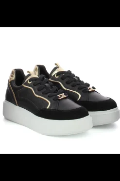 Damskie Carinii Skórzane Sneakersy Damskie | Na Platformie*Czarne sneakersy na białej platformie --B9977-353-180-000-000