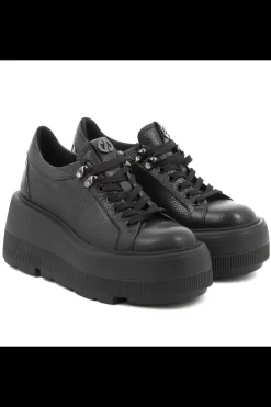 Damskie Carinii Skórzane Sneakersy Damskie | Na Platformie*Czarne sneakersy na platformie --B9302-J23-000-000-G36