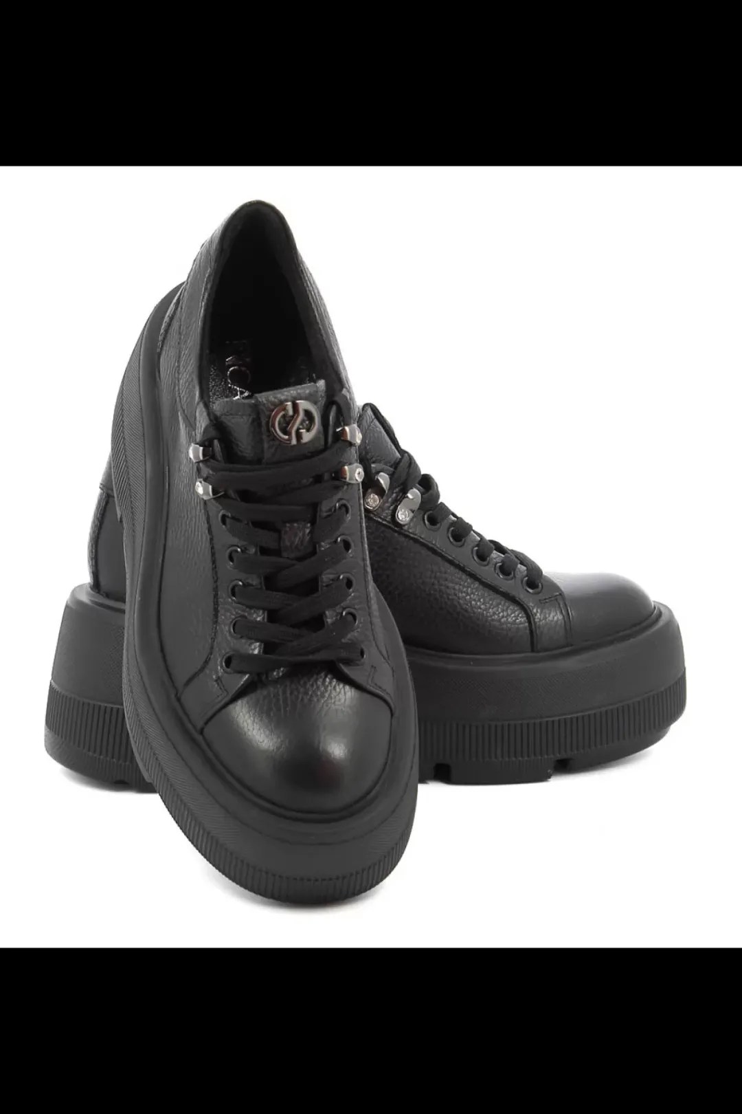 Damskie Carinii Skórzane Sneakersy Damskie | Na Platformie*Czarne sneakersy na platformie --B9302-J23-000-000-G36