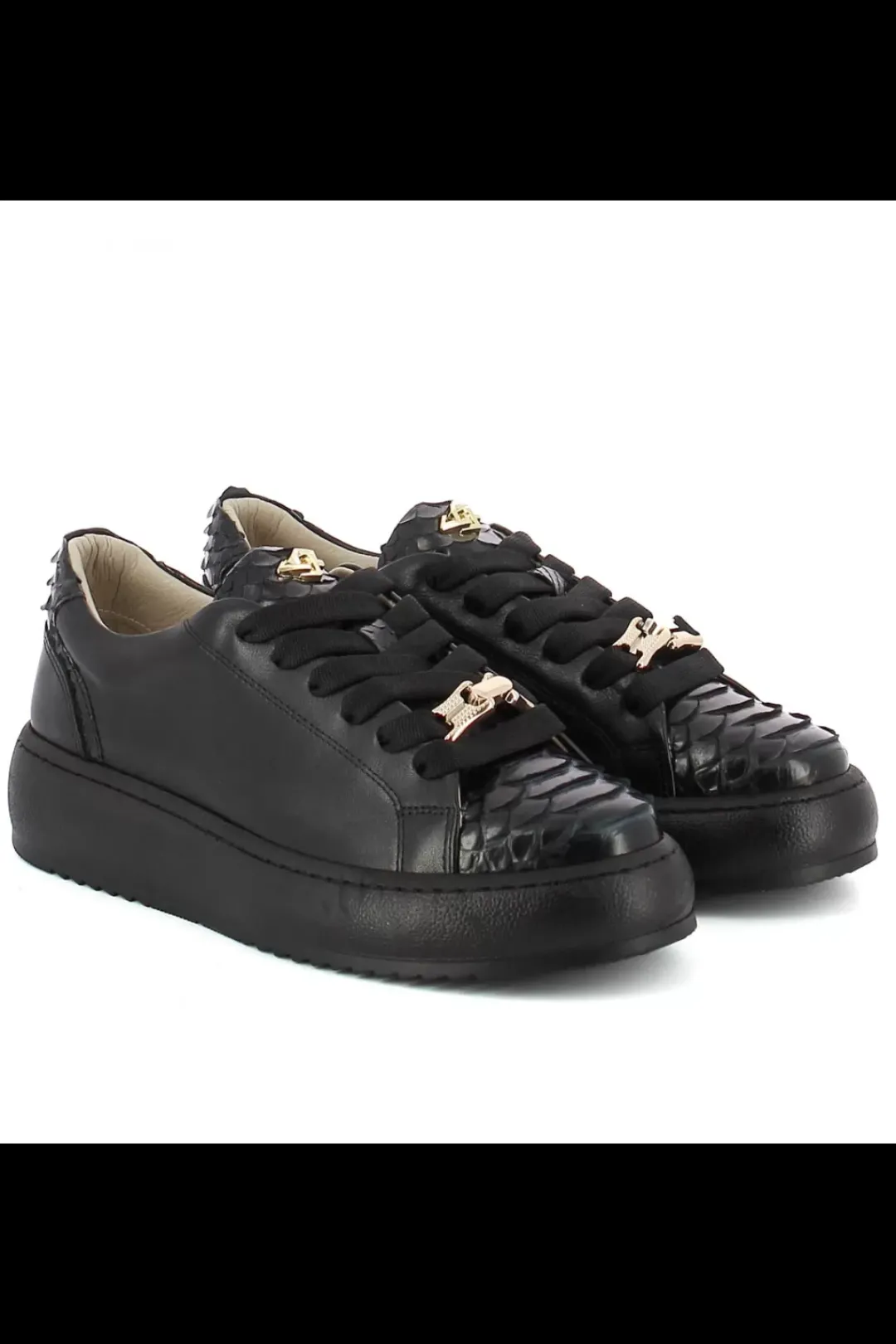 Damskie Carinii Skórzane Sneakersy Damskie | Czarne Sneakersy Damskie*Czarne sneakersy z ozdobami --B10222-E50-000-000-000