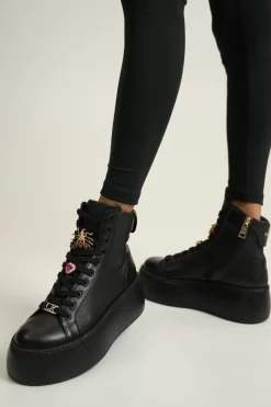Damskie Carinii Skórzane Sneakersy Damskie | Na Platformie*Czarne wysokie sneakersy --B9180-J23-000-000-G23