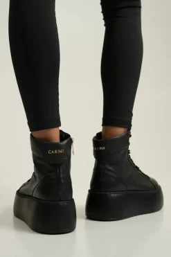 Damskie Carinii Skórzane Sneakersy Damskie | Na Platformie*Czarne wysokie sneakersy --B9180-J23-000-000-G23